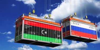 Libya ve Rusya 'nın bayraklı konteynırları - 3D illüstrasyon