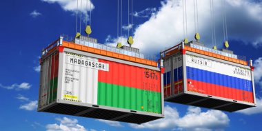Madagaskar ve Rusya bayraklı nakliye konteynerleri - 3 boyutlu illüstrasyon