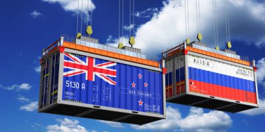 Yeni Zelanda ve Rusya 'nın bayraklı konteynırları - 3D illüstrasyon