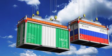 Nijerya ve Rusya bayraklı nakliye konteynerleri - 3 boyutlu illüstrasyon
