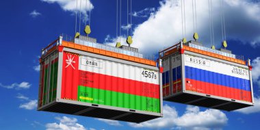 Umman ve Rusya 'nın bayraklı konteynırları - 3 boyutlu illüstrasyon