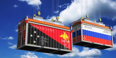 İçinde Papua Yeni Gine ve Rusya 'nın bayrakları olan konteynırlar - 3D illüstrasyon