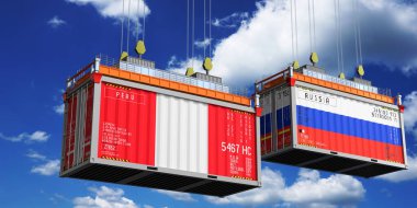 İçinde Peru ve Rusya 'nın bayrakları olan konteynırlar - 3 boyutlu illüstrasyon