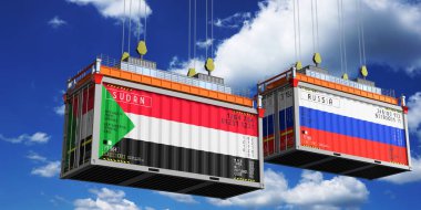 Sudan ve Rusya 'nın bayraklı konteynırları - 3 boyutlu illüstrasyon