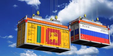 Sri Lanka ve Rusya 'nın bayraklı konteynırları - 3D illüstrasyon