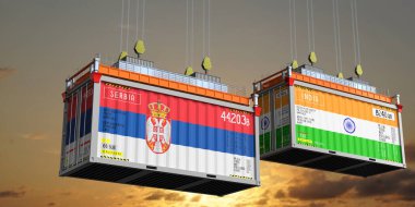 Sırbistan ve Hindistan 'ın bayraklı konteynırları - 3D illüstrasyon