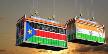 Güney Sudan ve Hindistan bayraklı konteynırlar - 3 boyutlu illüstrasyon