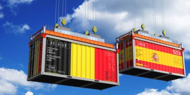 Belçika ve İspanya bayraklı nakliye konteynerleri - 3 boyutlu illüstrasyon