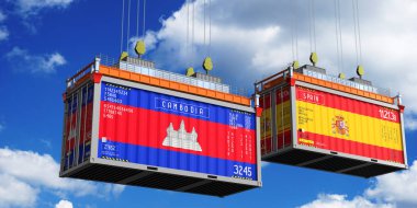 Kamboçya ve İspanya bayraklı nakliye konteynerleri - 3 boyutlu illüstrasyon