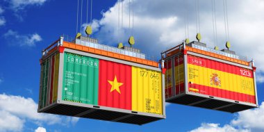 İçinde Kamerun ve İspanya bayrakları olan konteynırlar - 3D illüstrasyon