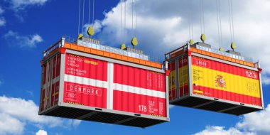 Danimarka ve İspanya bayraklı konteynırlar - 3D illüstrasyon