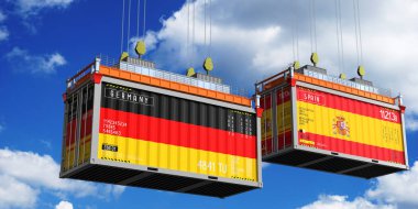 Almanya ve İspanya 'nın bayraklı konteynırları - 3D illüstrasyon