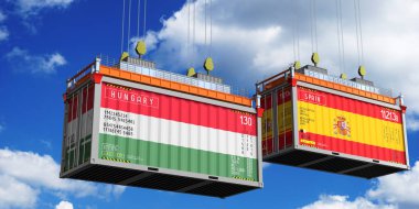 Macaristan ve İspanya 'nın bayraklı konteynırları - 3D illüstrasyon