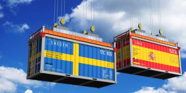 İsveç ve İspanya 'nın bayraklı konteynırları - 3D illüstrasyon