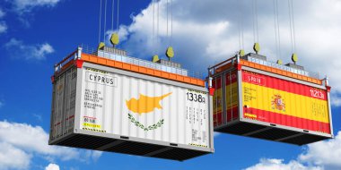 Kıbrıs ve İspanya bayraklı nakliye konteynerleri - 3D illüstrasyon
