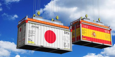 Japonya ve İspanya 'nın bayraklı konteynırları - 3D illüstrasyon