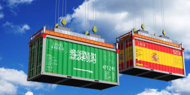 Suudi Arabistan ve İspanya bayraklı konteynırlar - 3D illüstrasyon