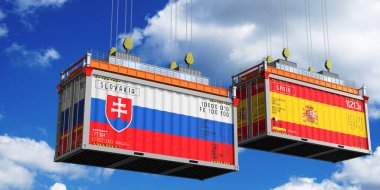 Slovakya ve İspanya bayraklı nakliye konteynerleri - 3D illüstrasyon