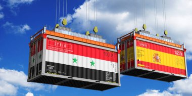 Suriye ve İspanya bayraklı nakliye konteynerleri - 3D illüstrasyon