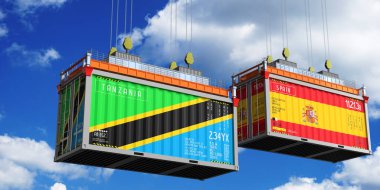 Tanzanya ve İspanya bayraklı nakliye konteynerleri - 3 boyutlu illüstrasyon