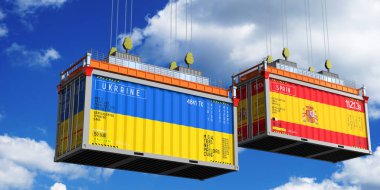 Ukrayna ve İspanya bayraklı konteynırlar - 3 boyutlu illüstrasyon