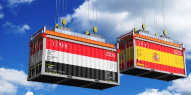 Yemen ve İspanya 'nın bayraklı konteynırları - 3D illüstrasyon