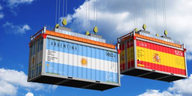 Arjantin ve İspanya 'nın bayraklı konteynırları - 3 boyutlu illüstrasyon