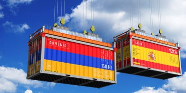 İçinde Ermenistan ve İspanya bayrakları olan konteynırlar - 3 boyutlu illüstrasyon