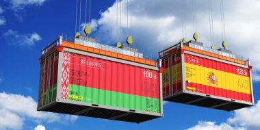 Beyaz Rusya ve İspanya 'nın bayraklı konteynırları - 3D illüstrasyon