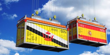 Brunei ve İspanya bayraklı konteynırlar - 3 boyutlu illüstrasyon