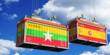 Myanmar ve İspanya 'nın bayraklı konteynırları - 3 boyutlu illüstrasyon