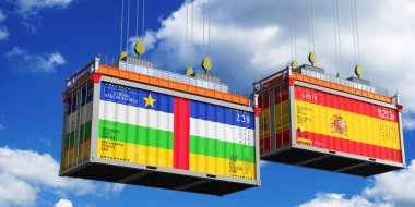 Orta Afrika Cumhuriyeti ve İspanya 'nın bayraklı konteynırları - 3D illüstrasyon