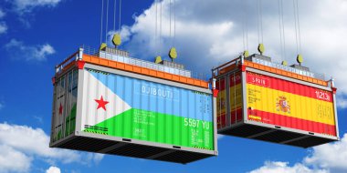 Cibuti ve İspanya bayraklı nakliye konteynerleri - 3D illüstrasyon