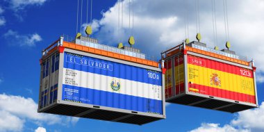El Salvador ve İspanya bayraklı konteynırlar - 3 boyutlu illüstrasyon