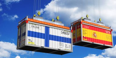 Finlandiya ve İspanya bayraklı nakliye konteynerleri - 3D illüstrasyon