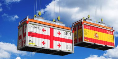 Gürcistan ve İspanya 'nın bayraklı konteynırları - 3D illüstrasyon