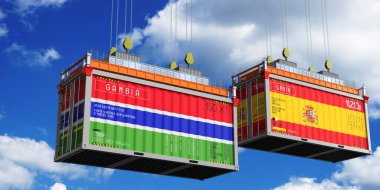 Gambiya ve İspanya bayraklı nakliye konteynerleri - 3 boyutlu illüstrasyon