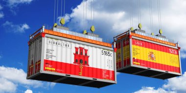 Cebelitarık ve İspanya bayraklı nakliye konteynerleri - 3 boyutlu illüstrasyon