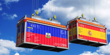 İçinde Haiti ve İspanya bayrakları olan konteynırlar - 3 boyutlu illüstrasyon