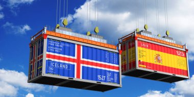 İzlanda ve İspanya 'nın bayraklı konteynırları - 3D illüstrasyon