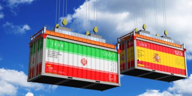 İran ve İspanya 'nın bayraklı konteynırları - 3D illüstrasyon
