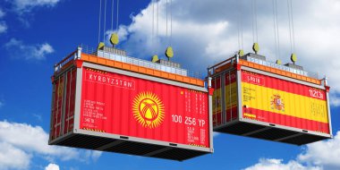 Kırgızistan ve İspanya 'nın bayraklı konteynırları - 3D illüstrasyon