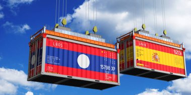 Laos ve İspanya bayraklı nakliye konteynerleri - 3 boyutlu illüstrasyon