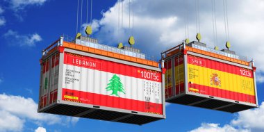 Lübnan ve İspanya bayraklı nakliye konteynerleri - 3 boyutlu illüstrasyon
