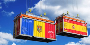 Moldova ve İspanya bayraklı nakliye konteynerleri - 3D illüstrasyon