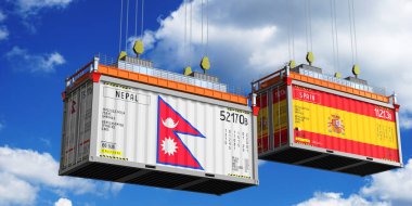 Nepal ve İspanya 'nın bayraklı konteynırları - 3D illüstrasyon