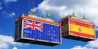 Yeni Zelanda ve İspanya 'nın bayraklı konteynırları - 3D illüstrasyon