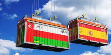 Umman ve İspanya 'nın bayraklı konteynırları - 3 boyutlu illüstrasyon