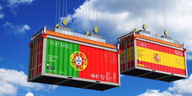 Portekiz ve İspanya bayraklı nakliye konteynerleri - 3 boyutlu illüstrasyon