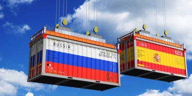Rusya ve İspanya 'nın bayraklı konteynırları - 3D illüstrasyon